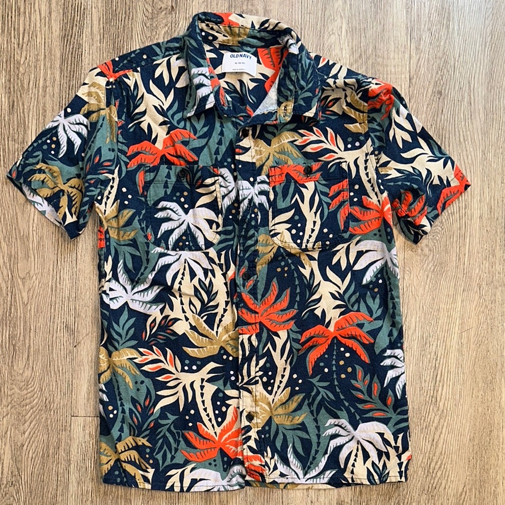 Old Navy Kids Tropical Print Button Down Shirt - Navy, Red, Green